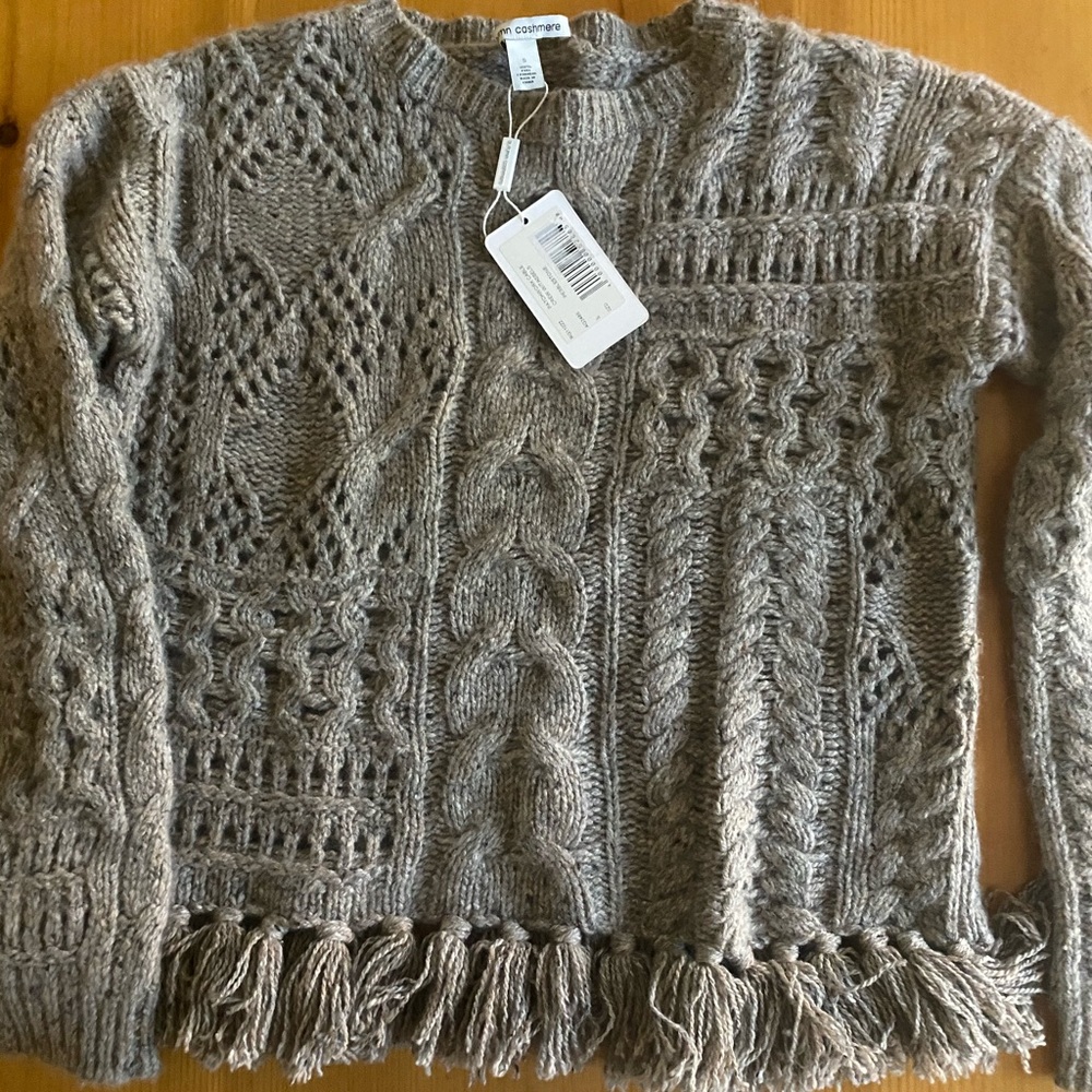 AUTUMN CASHMERE cable crew with tassels/fringe sweater NEW size small S